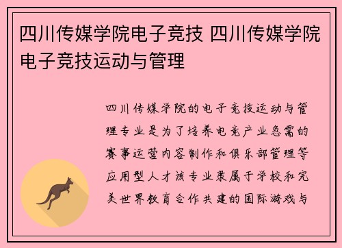 四川传媒学院电子竞技 四川传媒学院电子竞技运动与管理
